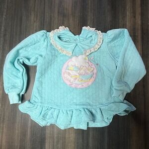 Vintage Baby Girls Aqua Blue Quilted Top with Lace Collar and Applique 24 Months